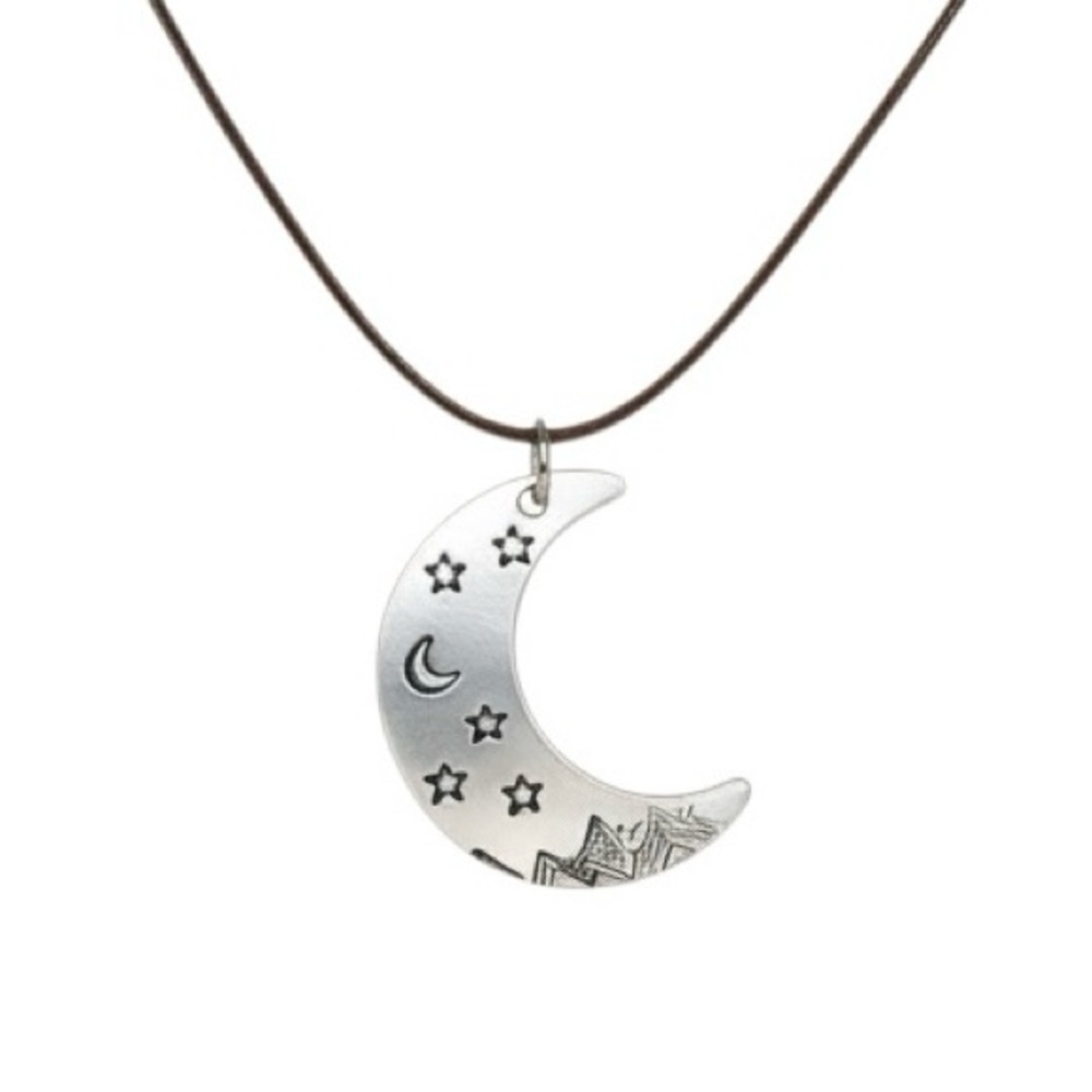 Handmade celestial mountain design Silver‎ aluminum pendant brown cord necklace